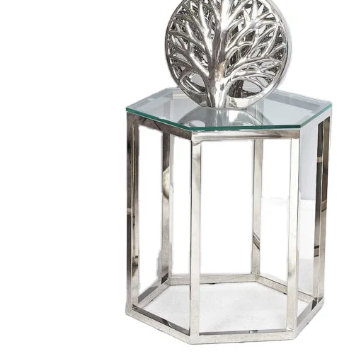 Hexagon Silver Stainless Steel End Side Table metal Furniture Coffee Table Marble Top Luxury Coffee Table