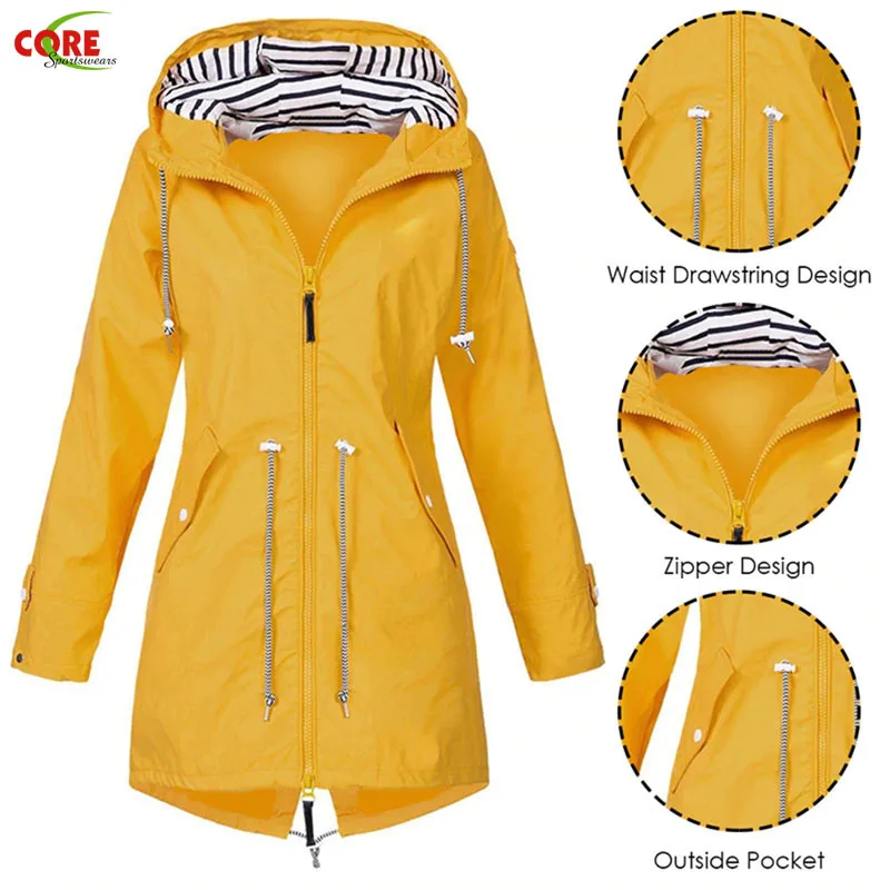 Long Hooded Forest Raincoat Women Waterproof Rain Jackets Outdoor Long  Sleeves Yellow Comfortable Autumn Jacket