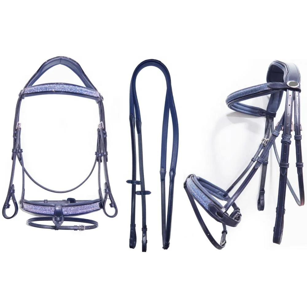 High Customized Navy Sparkle Flash Bridle Anatomic Western Style Horse Bridle made Leather Stylish Riding Equestrian Sports