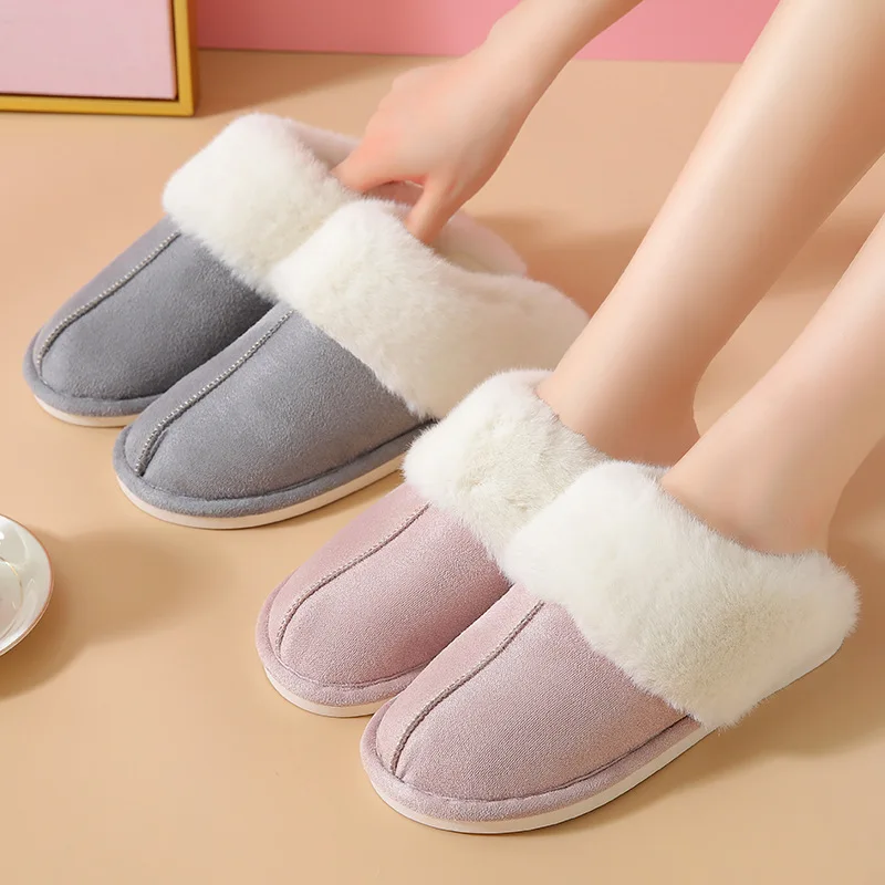 Модные хлопковые тапочки женская зимняя домашняя обувь из воловьей кожи теплые плюшевые Нескользящие