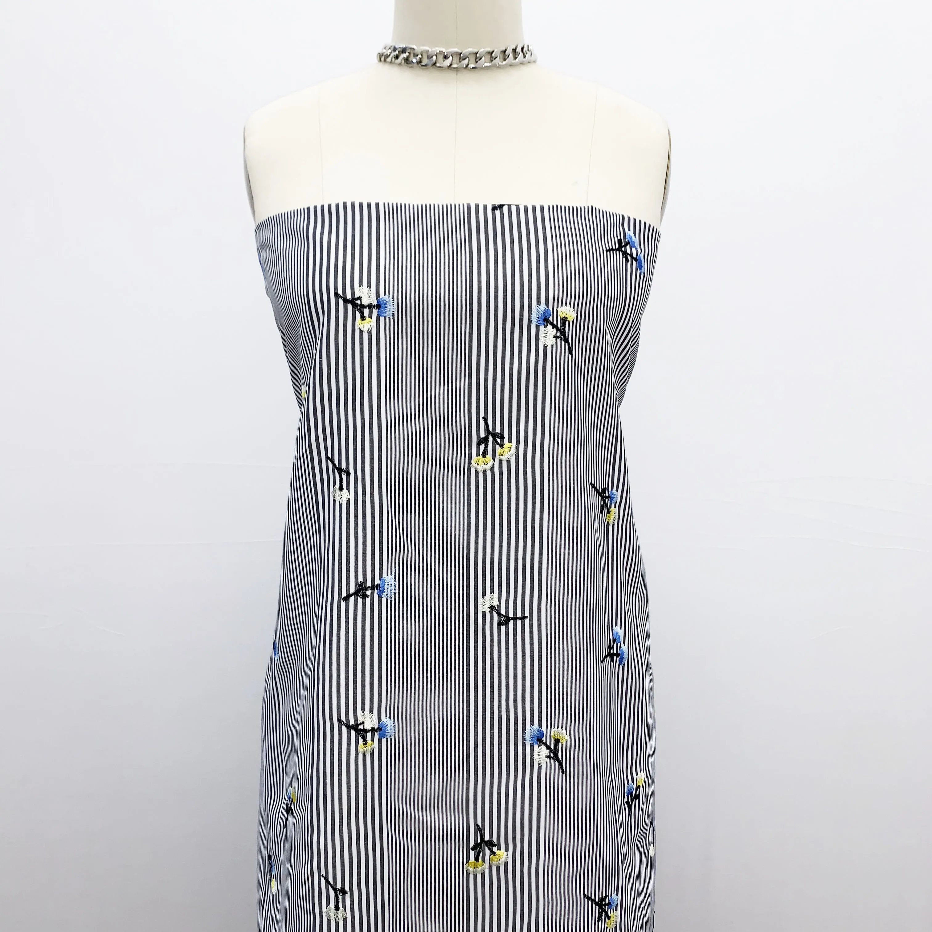 
Black Apricot Flowers Embroidery Drawstring Design on Stripes Cotton Voil Fabric Best Quality Fabric Stylish Fabric Style EB-422 