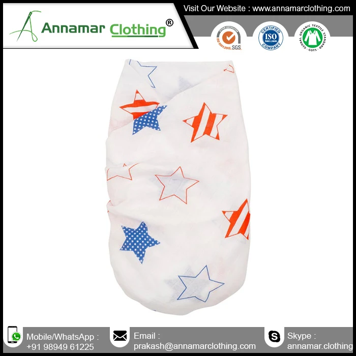 High quality organic cotton 220 GSM baby adjustable swaddle wrap made in India with custom logo an label