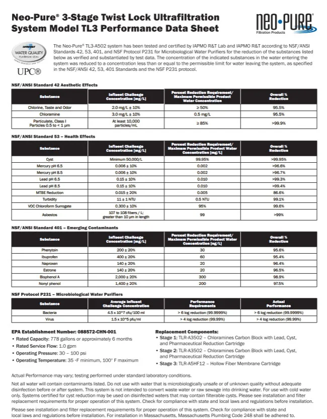 Fresh Water Systems Neo-Pure TL3-A502 Ultrafiltration System - Chrome Faucet Industrial Filtration System Twist Lock Cartridges