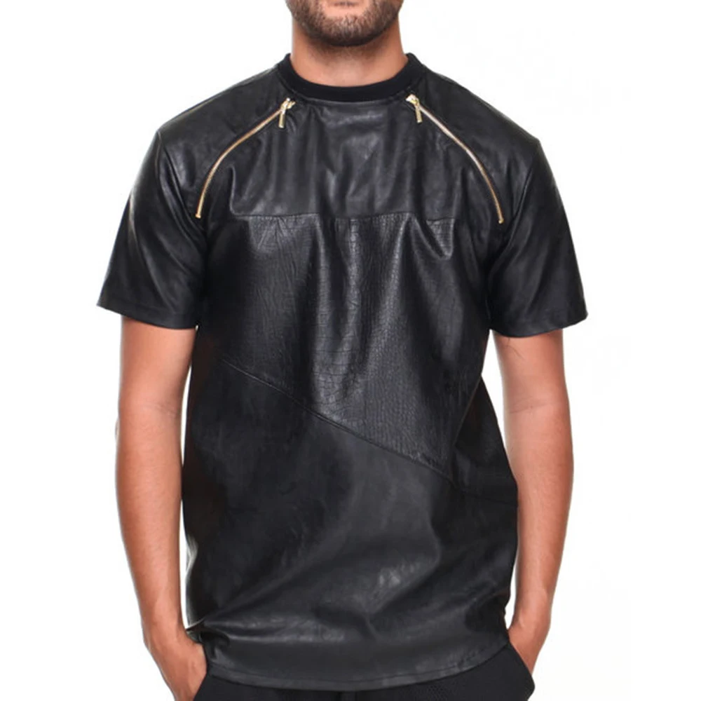 New Fashionable Double Sided Zipper On Shoulder Men Leather T-Shirt