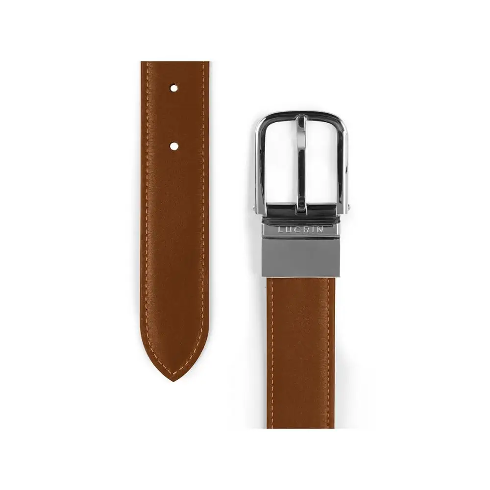 Men Reversible Classic Dress Belt Italian Top Grain Leather Black With Brown Rotating Buckle
