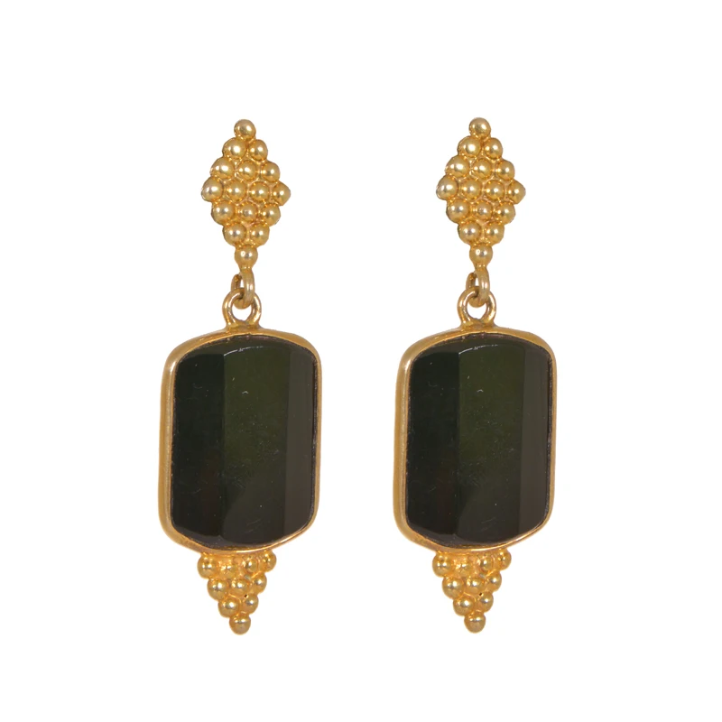 Precious Quality Gold Plated Bezel Set Gemstone Jewelry 925 Sterling Silver Black onyx Earrings Factory Price