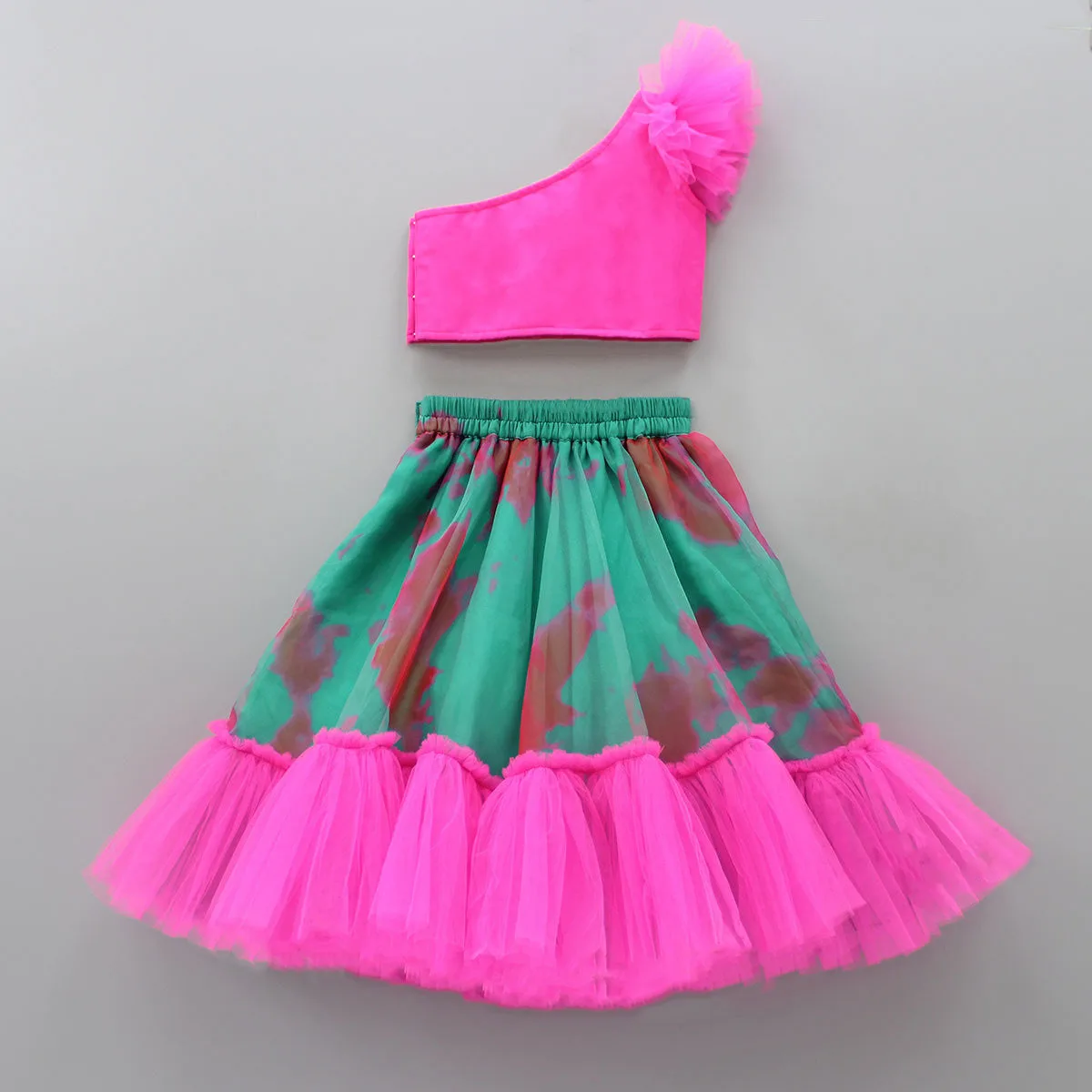 Perspective Of Style Mirror Pearl Girls Kids Wear Embellished Hot Pink One Shoulder Top Tie Dye Organza Lehenga wholesale ethnic