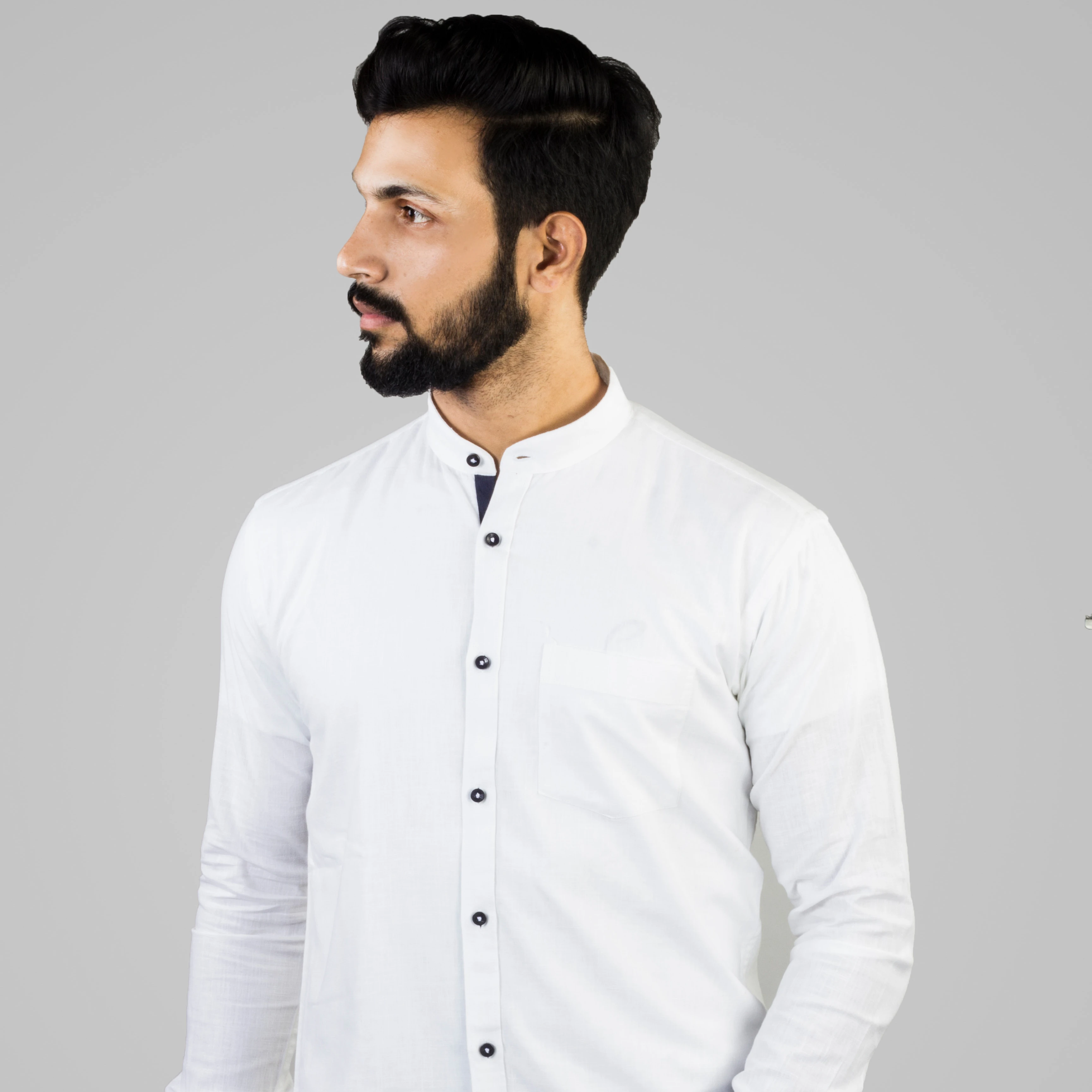 
 Белая льняная рубашка с воротником-стойкой для мужчин, повседневная одежда  