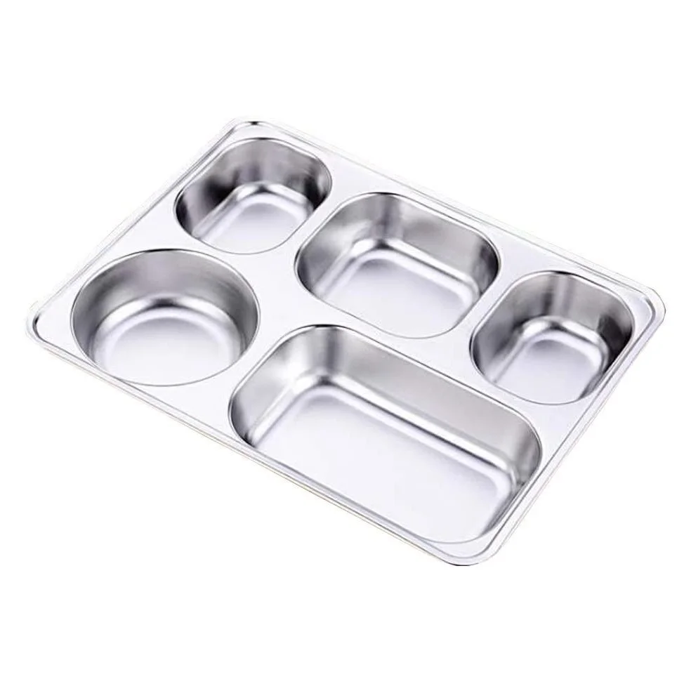 Canteen 5 compartment divided stainless steel mess lunch dinner snack plate fast food tray