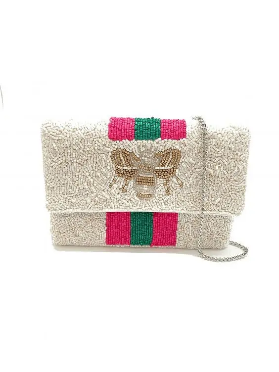 Italian Exclusive Design Striped Bee Beaded Crossbody Chain Clutch Bag Handbag by BUTTER FLY