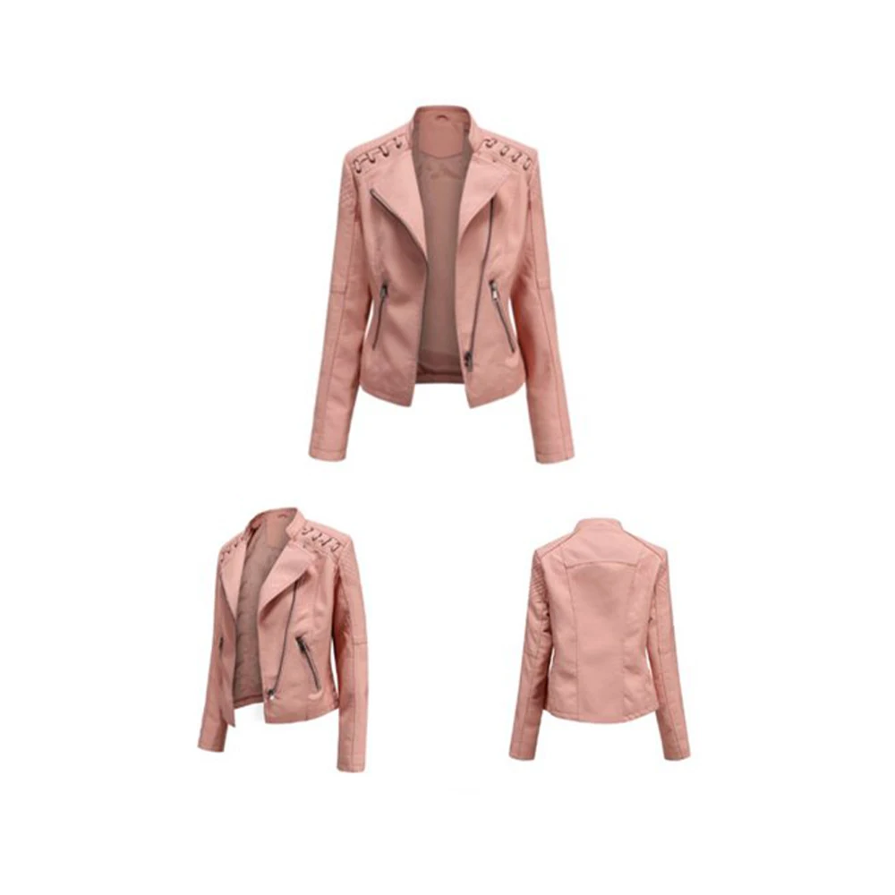 High Quality Women Faux Leather Jacket Long Sleeve Lapel Zip Up Short Coat with Pockets