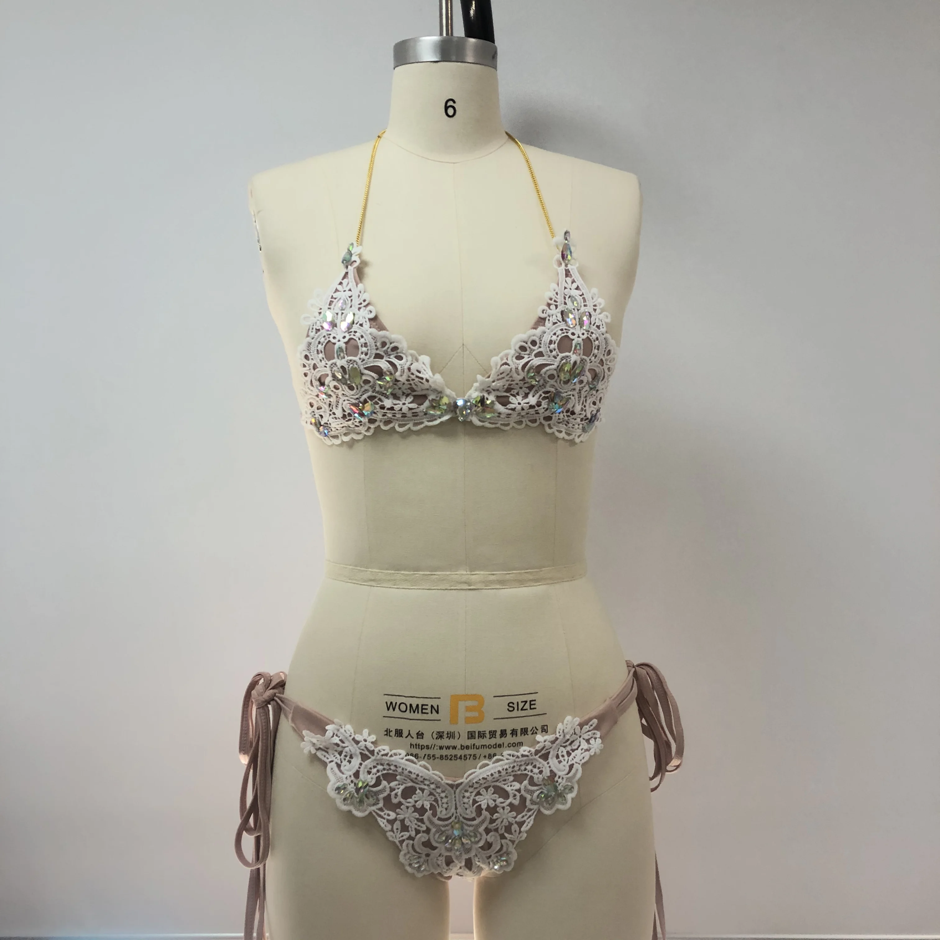 Custom New Sexy diamond lace flesh-colored boutique bikini Crystal Bikinis Luxury Halter Swimwear