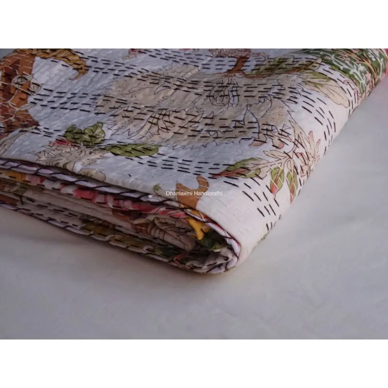 Индийское белое красивое цветочное покрывало Kantha оптовая продажа индийское Хлопковое одеяло ручной работы с цветочным принтом