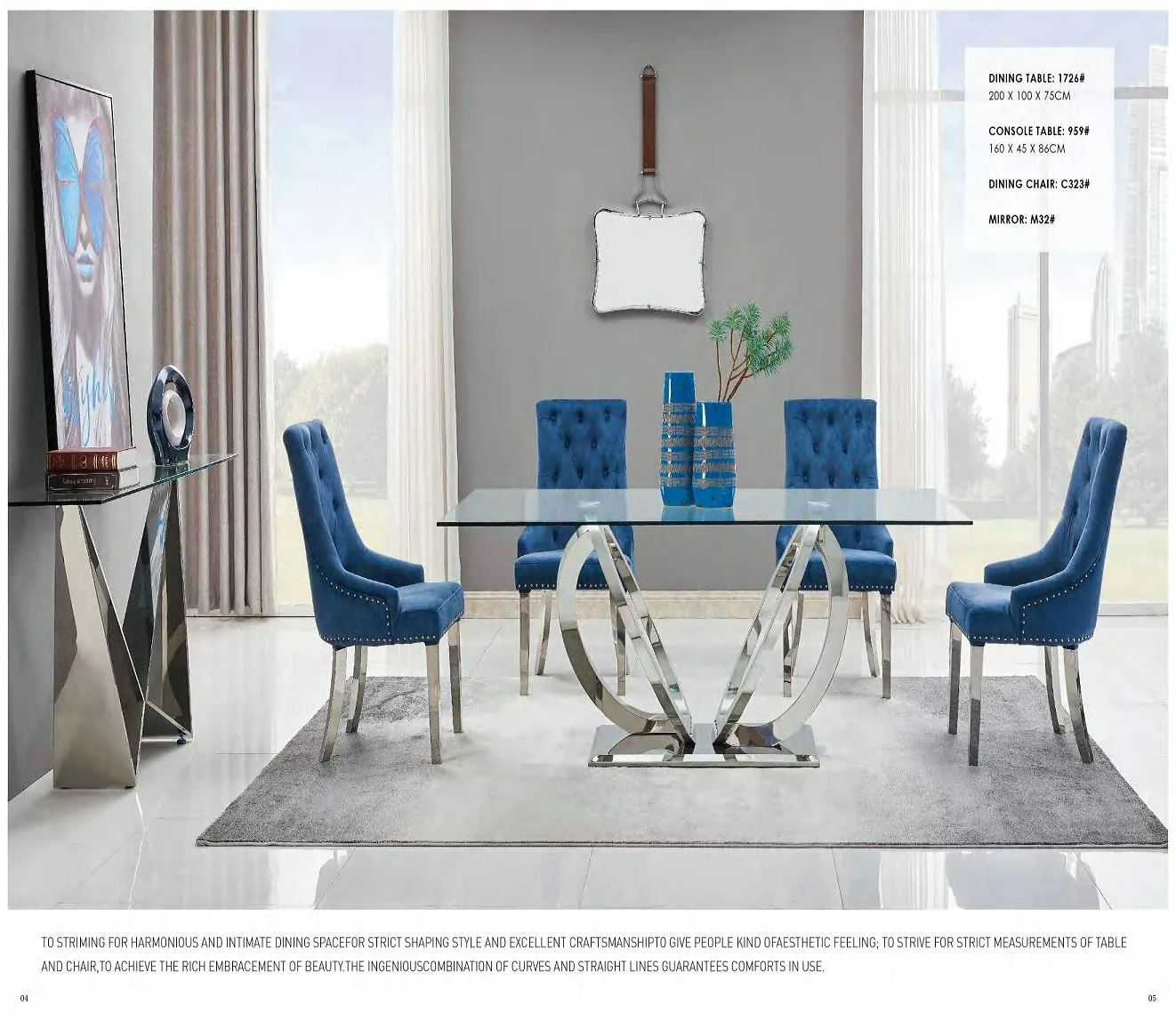 Blue Dining Table Stainless Steel Tempered Glass Elegant Luxurious Living Room Furniture