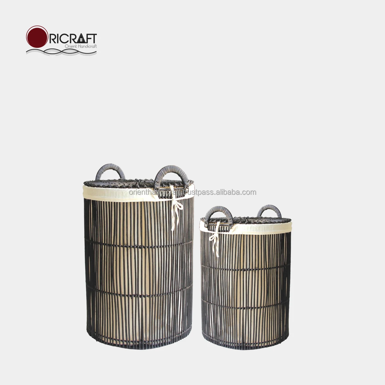 NEGOMBO Black Rattan Laundry Hamper with Spider Web Lid and Fabric Liner Modern Farmhouse (set of 2)