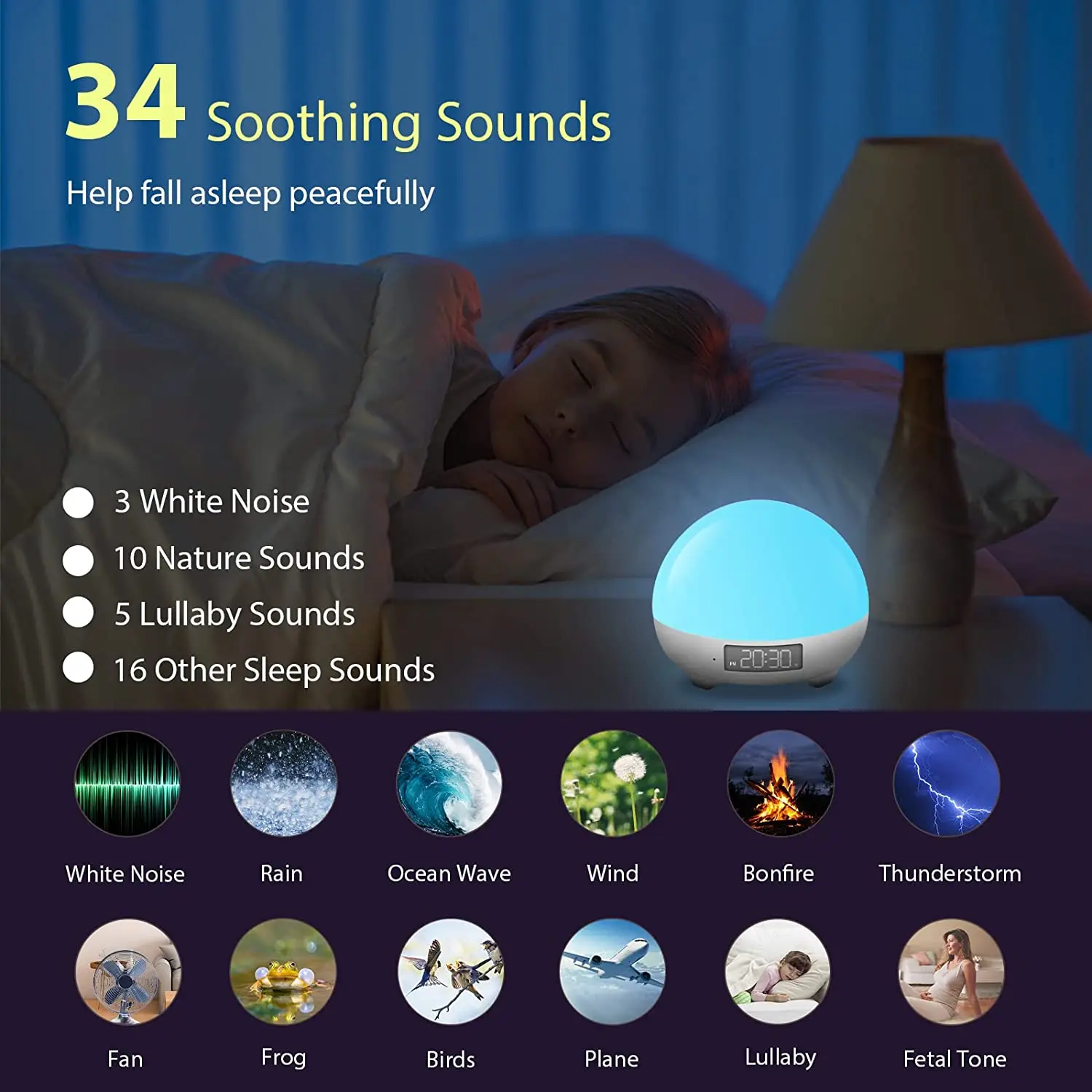 Alarm Clock Temperature Detection WiFi Baby Crying Detection Sound Machine with Night Light Smart White Noise Sound Machine