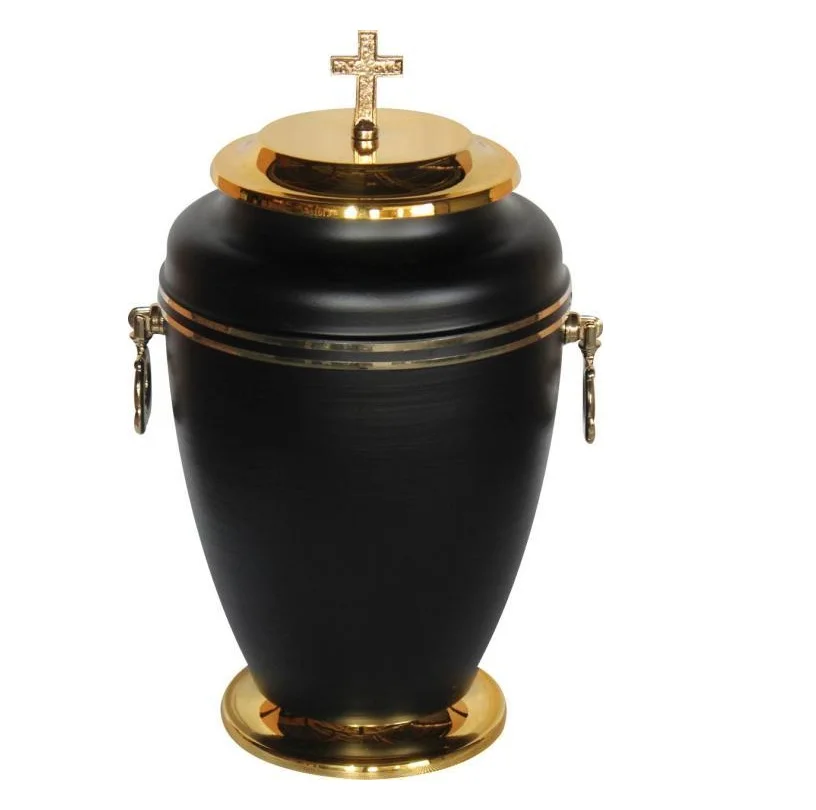 stylish Iron Black Funeral Cremation Urn With Golden Cross