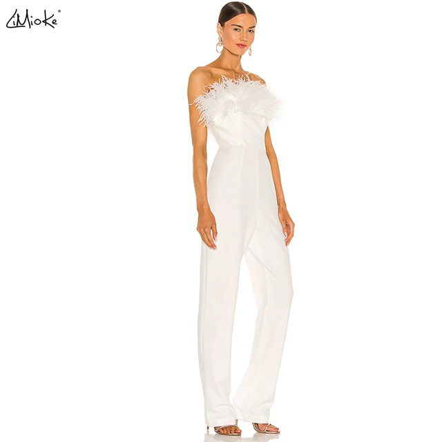 Лидер продаж, женский комбинезон LiMioKe019 INS без бретелек, с перьями, белый корсет, топ, сексуальный цельный комбинезон, элегантная осенняя одежда для женщин