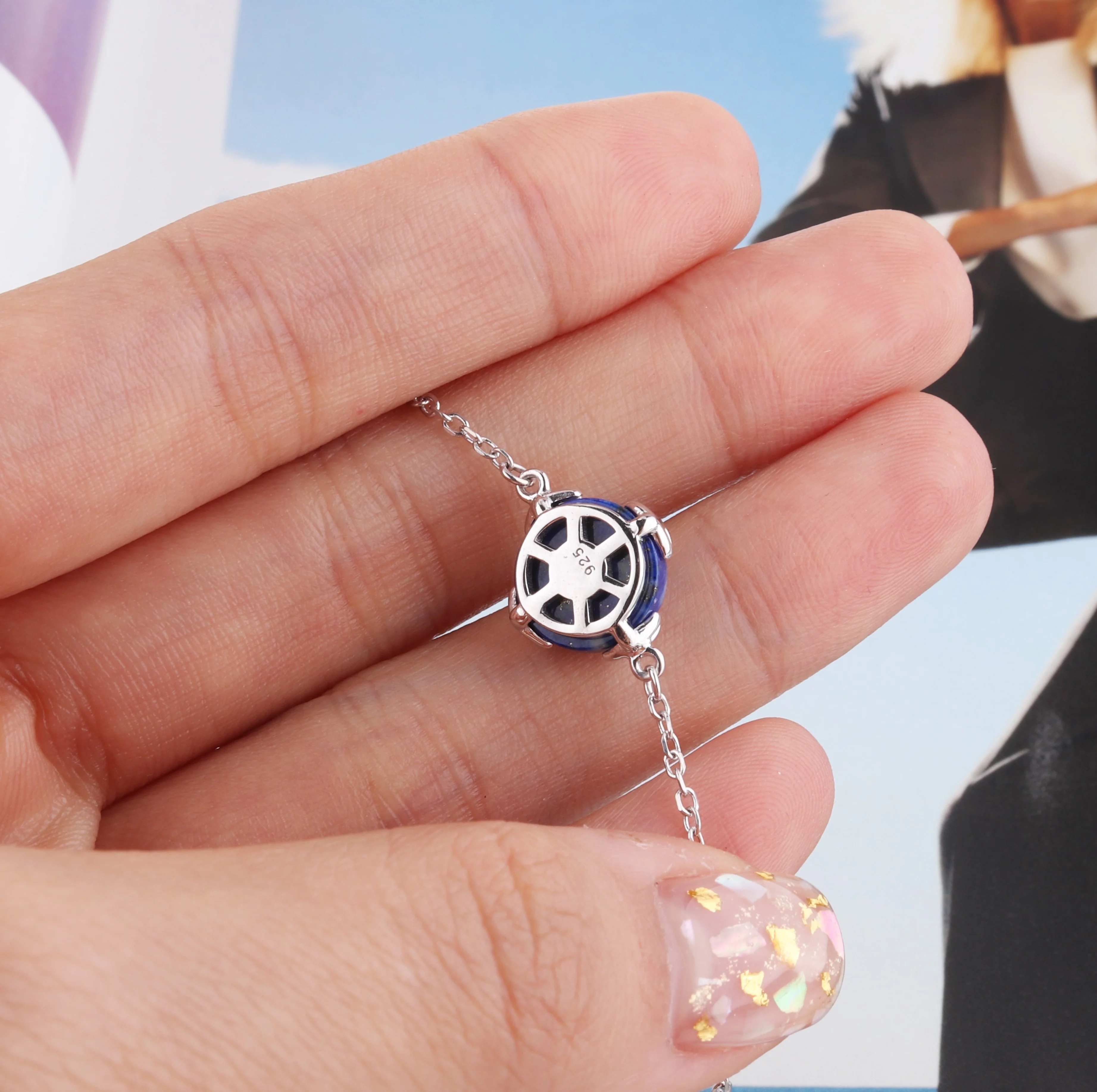 Custom OEM Silver Jewelry Sterling Silver Bracelets Blue Stone Bracelet Lapis Lazuli Bracelet Natural Gemstone Jewelry Women