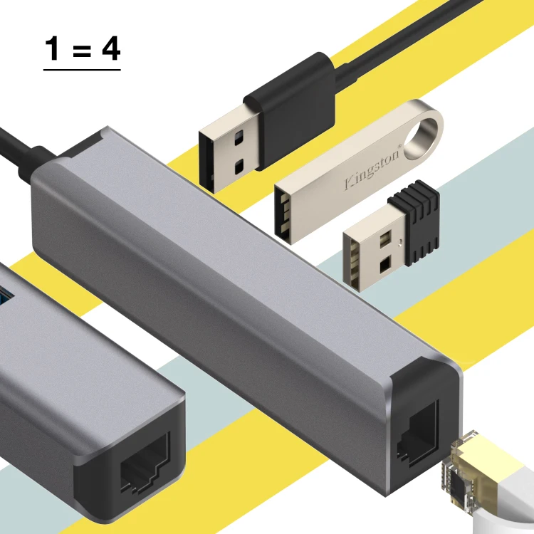 4 in 1 Multi Purpose USB Type-C to 4 Ports Hub 3 USB-A Ports 1 Gigabyte Ethernet Port Adapter for Chromebook/Matebook
