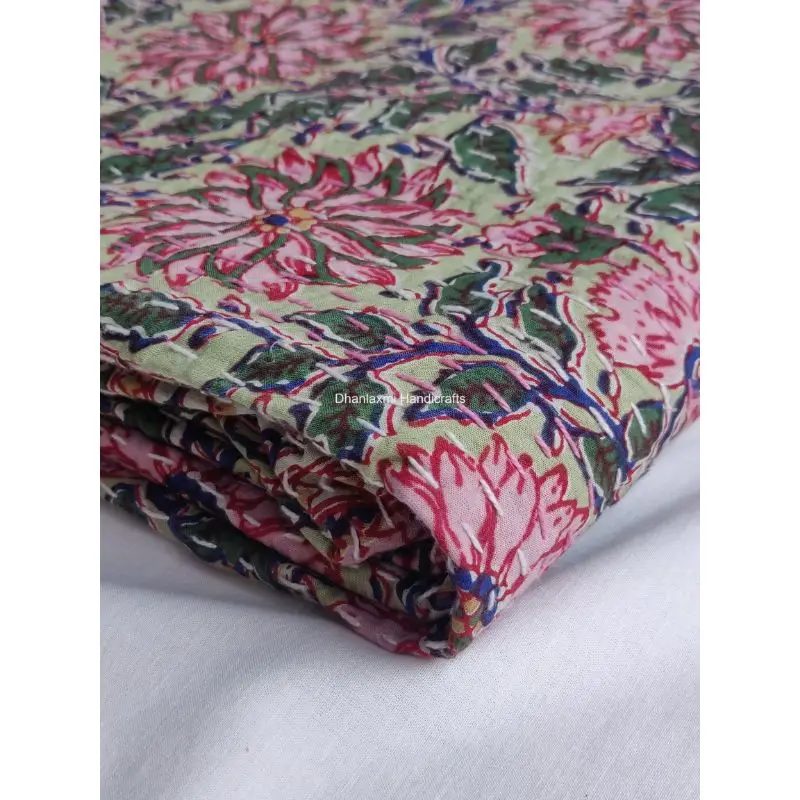 Green Indian Handmade Sunflower Print Cotton Kantha Quilt Beautiful Floral Wholesale Kantha Bedspread