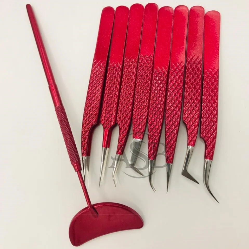 Blood Red powder coated Japanese Stainless steel Diamond grip eyelash extension tweezers volume tweezers