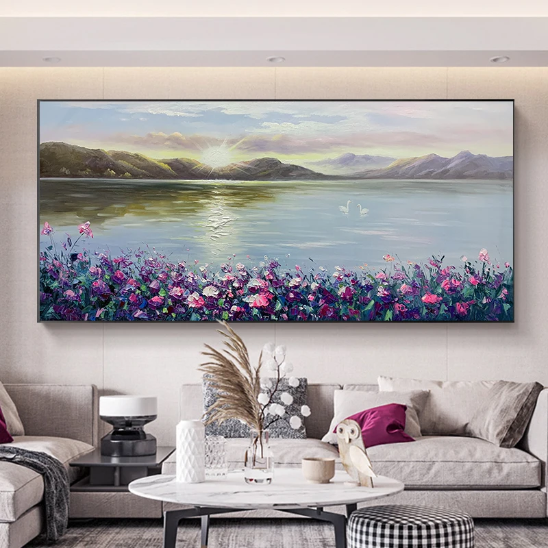 2021 Modern Landscape Canvas Oil Painting purple flower Wall Art Decors for Living Room 20X39inch/50X100cm