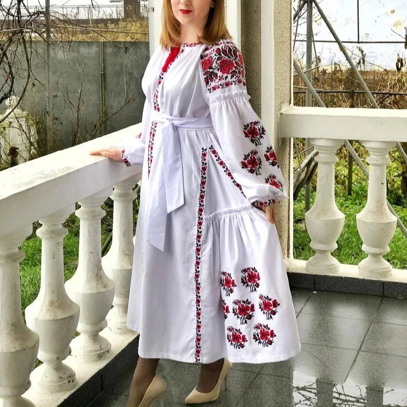 Платье-макси в стиле бохо льняное готическое белое платье с вышивкой украинский стиль модные повседневные летние платья длинным рукавом