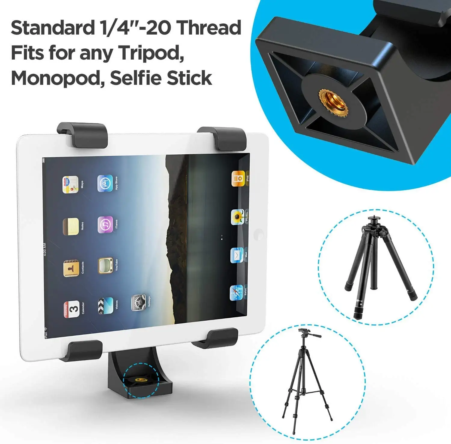 I-Pad Tripod Mount Adapter Universal Tablet Holder Fits pad Air, Mini, Surface, Nexus and Most Tablets, Use on Tripod