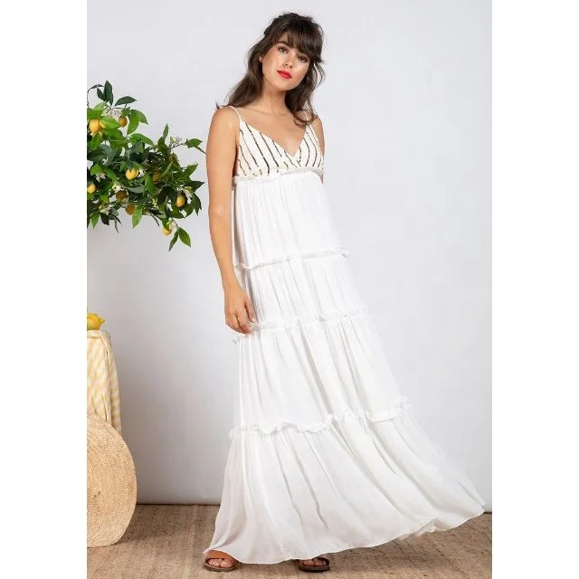Shimmering Sequin Lines Bust Adjustable Straps Tiered Skirt Frilled Hem Resort Wear Chic Maxi Dress Vacation Days Women Sundress