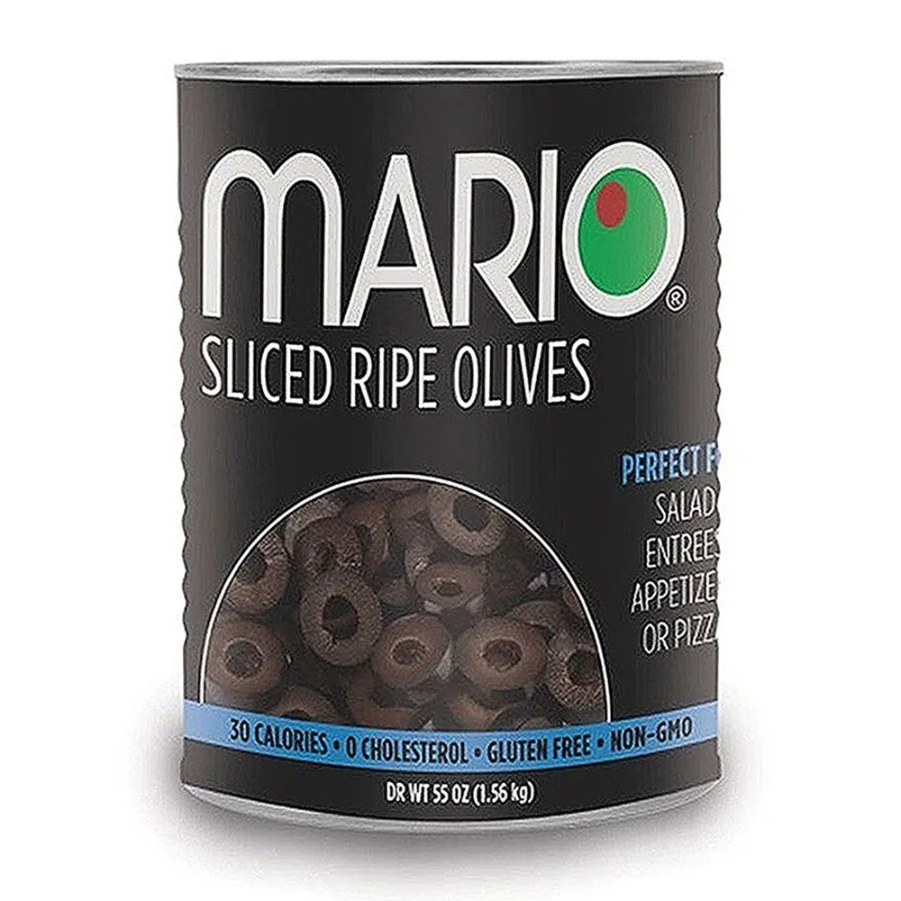 Mario Camacho Slice Ripe Olives 55oz Jar, Unmistakable, Delicious, Bold Flavor Premium Quality Pitted Black Olives
