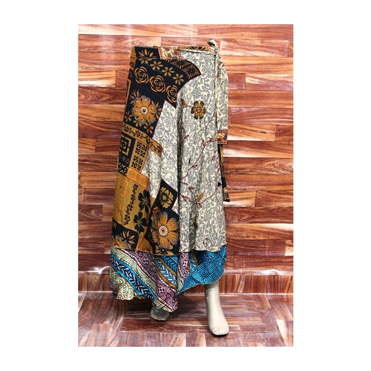 Women Bohemian Silk Polyester Mixed Silk Long Skirt Patterned with Elastic Waist and Belt available in Beautiful Colors