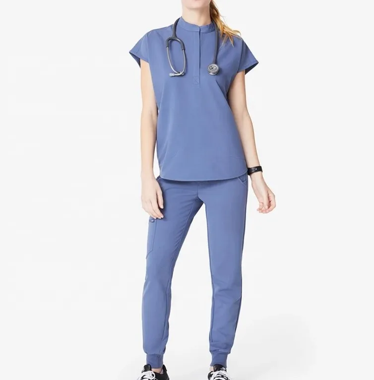 One Button Placket Mandarin Collar Drop-Shoulder Silhouette Comfy Nursing Women Scrubs Tops Uniform