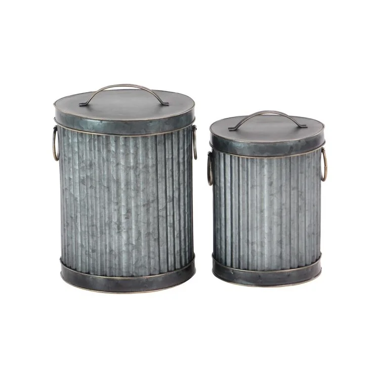 Galvanized Trash Bin High Quality Round Shape Wholesale fancy Waste Bin Set Of Two Customized Size Wholesale Iron Trash Cans