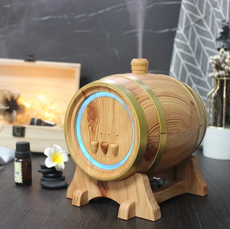 Hot Selling Smart Wood Grain Wine Barrel Aroma Diffuser 350ml Blue Tooth 7 Led Light Aroamtherapy Diffuser