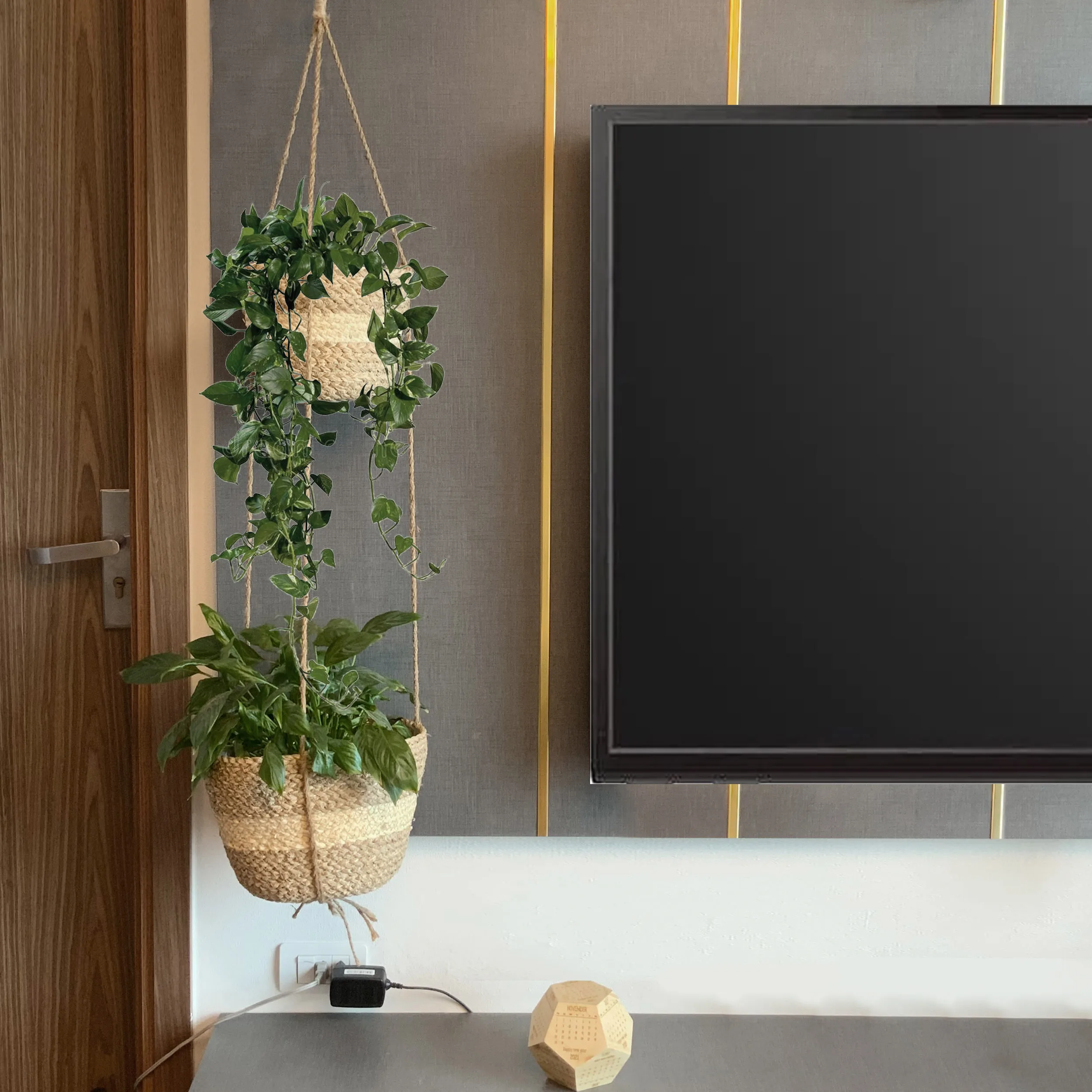  Недорогой изящный Плетеный двойной подвесной водонепроницаемый пластиковый горшок для растений веревка цветочный уличные комнатные растения деревенский