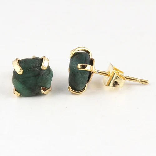 Small stud natural rough look emerald may birthstone screw back studs brass gold plated four prong setting handmade stud earring