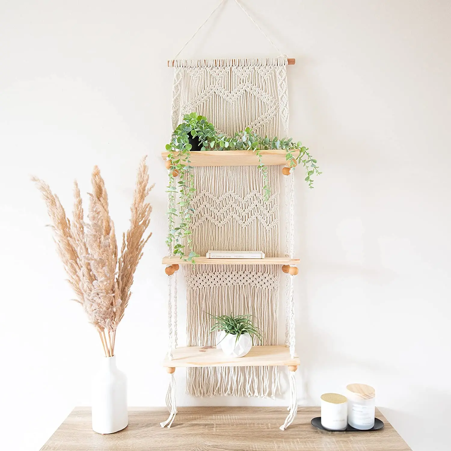 Bohemian Style Hand-Woven Macrame Wall Hanging Floating Shelf for Living Room Decorations Wall Decor