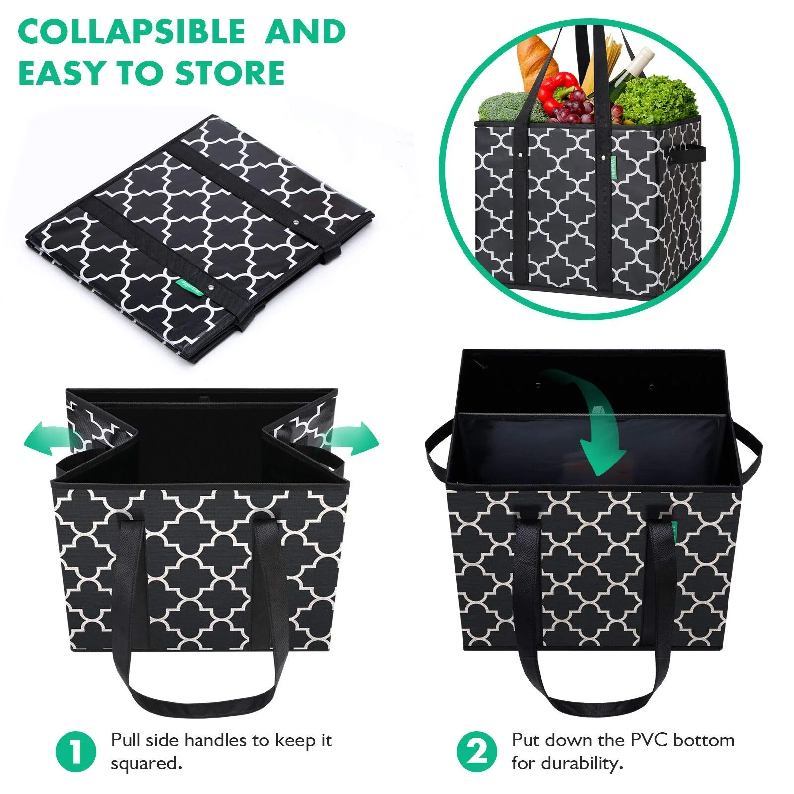 New Waterproof  Grocery Bags Foldable Washable Large Storage Bins Basket Water Resistant Shopping Tote Bag