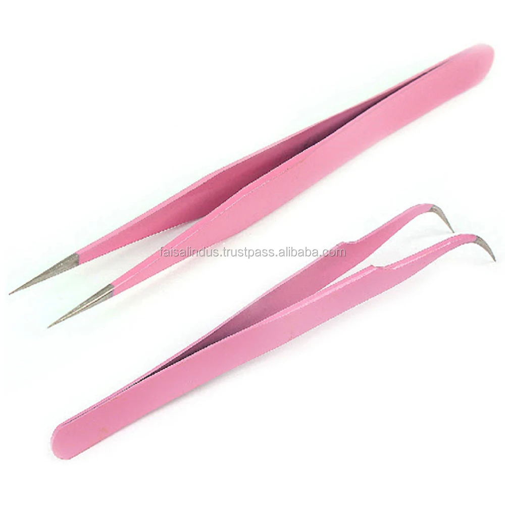 Pink Eyelash Tweezers Set Stainless Steel Eyebrow Tweezers SET Slant tip Eye Brow Hair Removal
