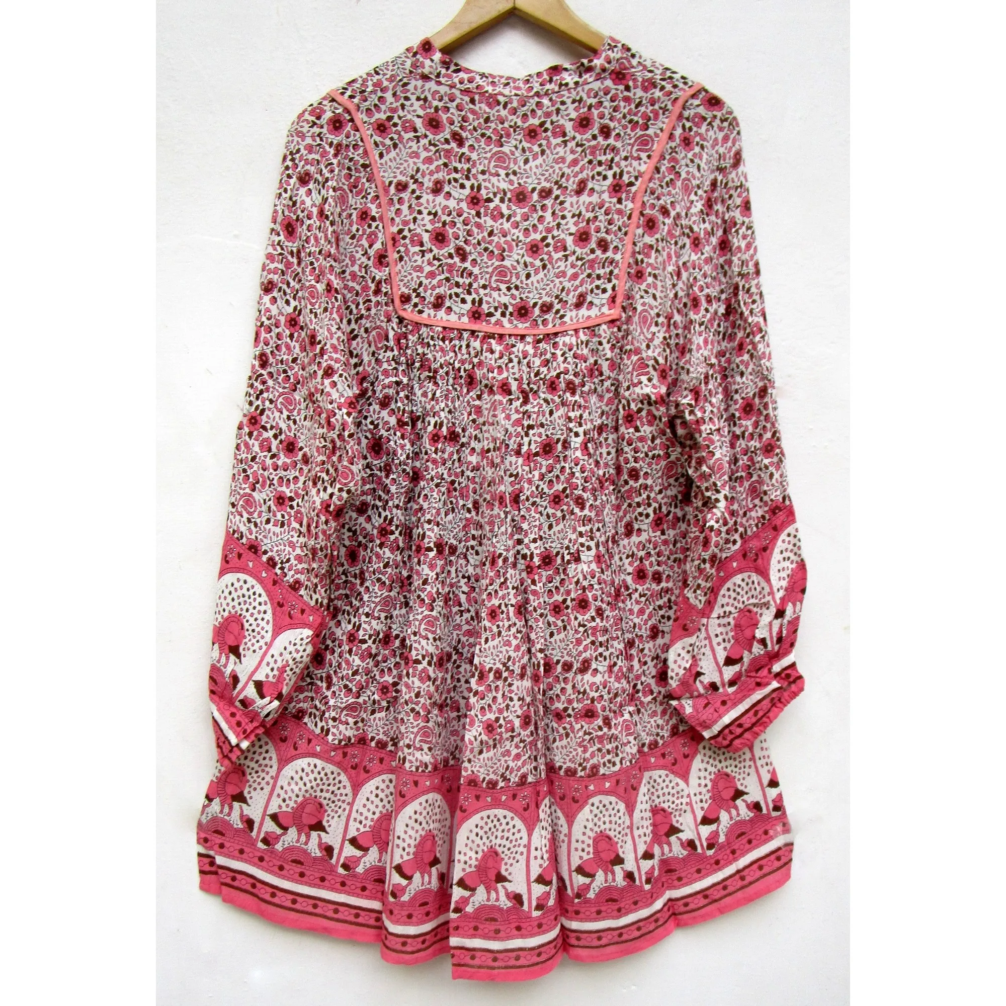 rayon pink birds and floral printed boho hippie stand collar neck maxi dress