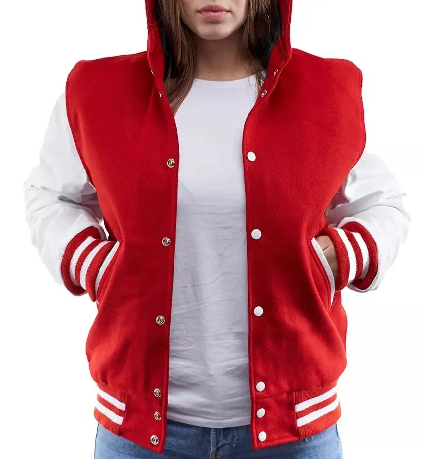 2021 Индивидуальные женские куртки Varsity Letterman шерстяное боди красные с белыми кожаными рукавами женская зимняя куртка-бомбер сафари