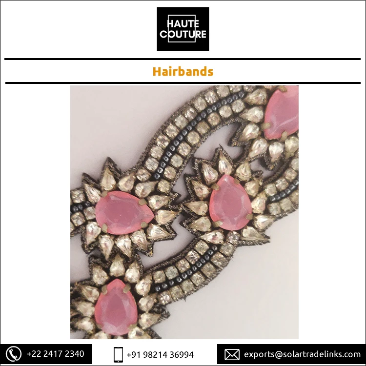 Opal Pink Stones Made Festive Wear Hand Embroidered Hairband Scallop Design Fashion Hairbands for Girls at Bulk Price