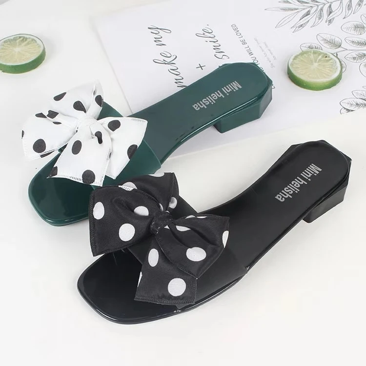 2020 hottest women polka dot bow flat slides with soft square heel