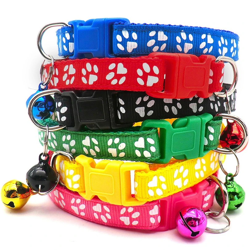 Manufacturer wholesale multi-colors paw print adjustable nylon cat dog collar with bell