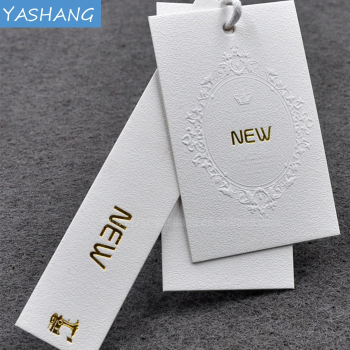 Gold stamping white paper tag elastic loops with hang tag black blind letterpress printing