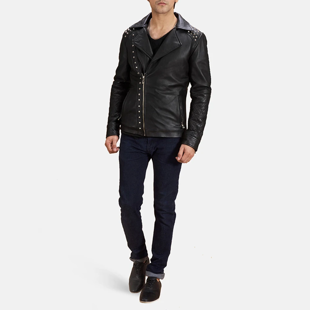 New Fashion Design With  Studded Men Real Black Leather Jacket