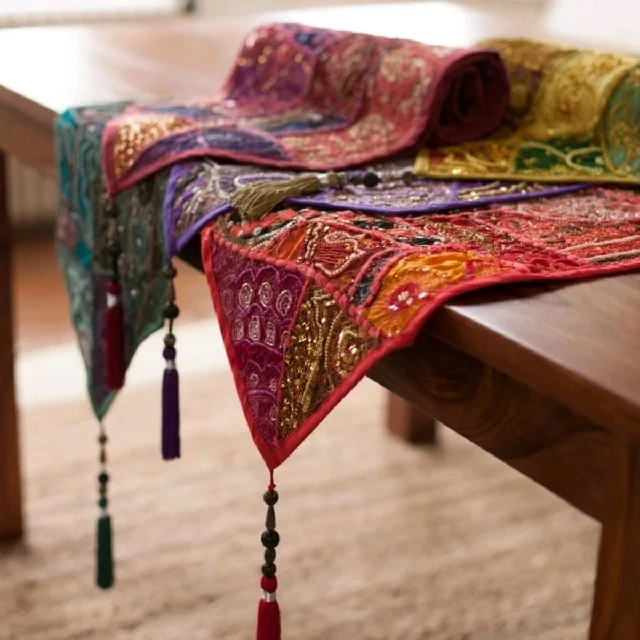 Wholesale luxury flower jacquard Printed hand beaded wedding decorative long table runner Organic Cotton GOTS Certified