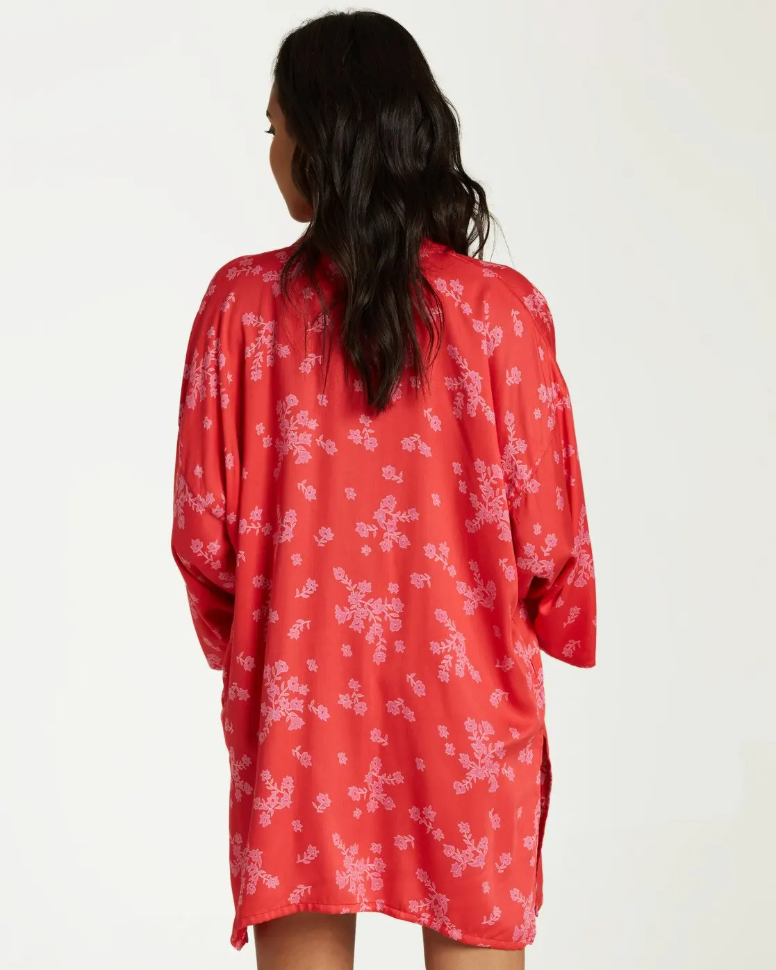 
MGOO Floral Allover Print Shape Sleeve Robe Rollover Collar Band Rayon Silk Woven Kimono Womens 