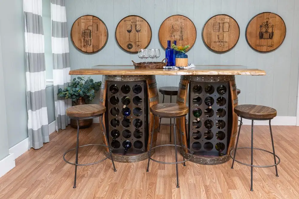 Live Edge top on vintage style Barrel Bar wine cabinet
